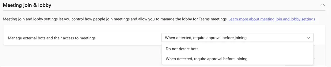 Teams admin center 入面管理外部 bot 入會權限嘅 policy 設定畫面