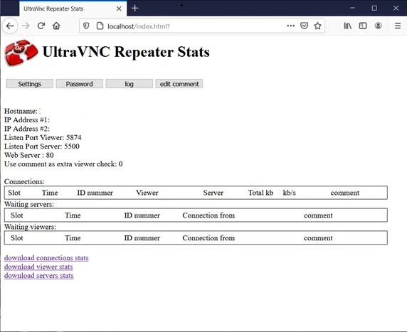 UltraVNC Repeater Stats 嘅官方文件截圖,顯示 HTTP 管理頁同連線狀態