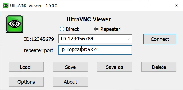 UltraVNC Viewer 官方文件截圖,畫面入面揀咗 Repeater 模式同填入 repeater port