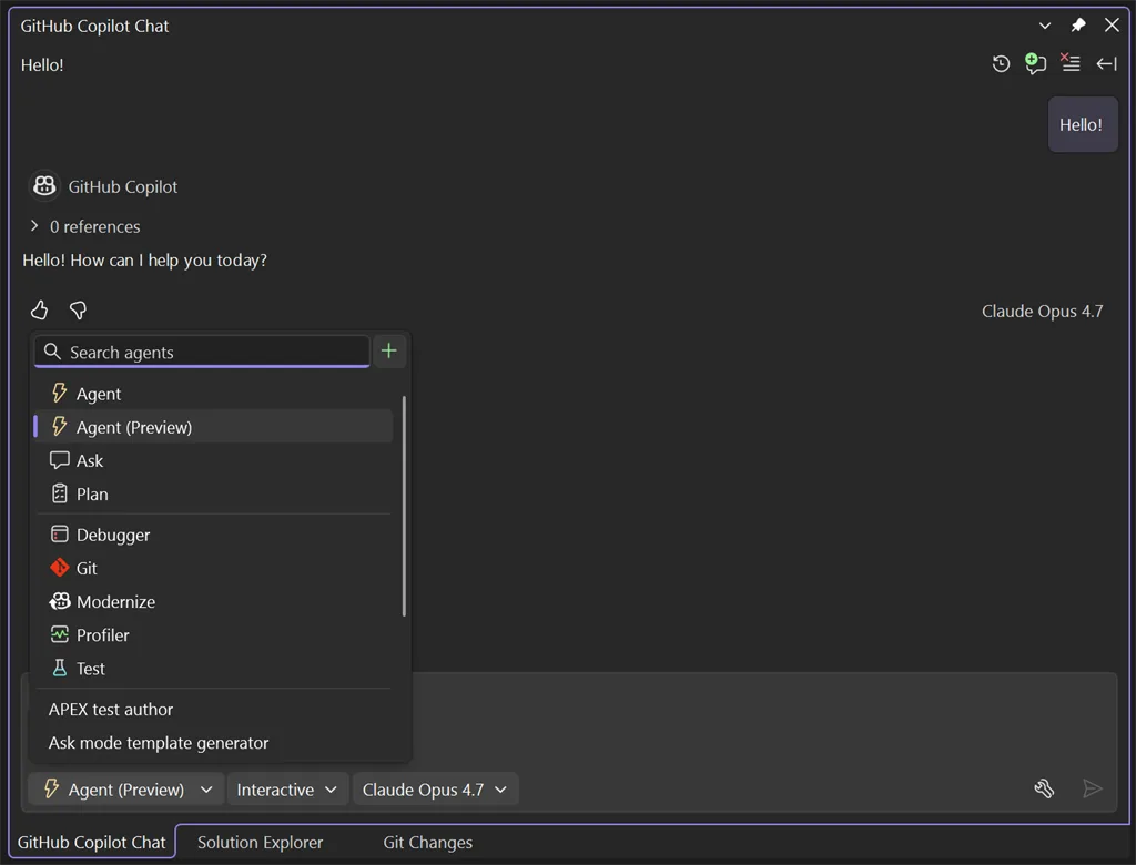 Visual Studio Copilot Chat 底部揀咗 Agent Preview 嘅畫面
