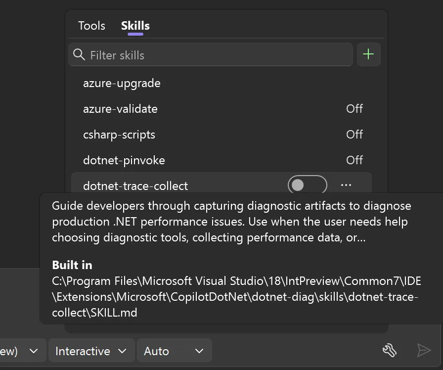 Visual Studio tool picker 顯示內建 .NET 同 Azure skills