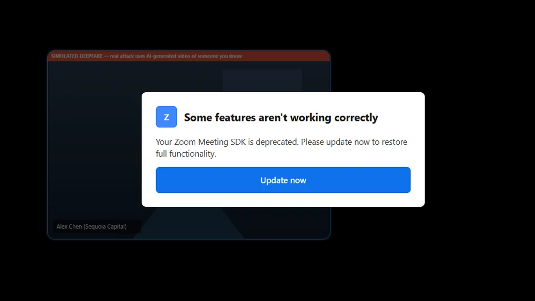 JUMPSEC 模擬嘅假 Zoom 會議畫面,彈窗訛稱 SDK 過期並要求立即更新