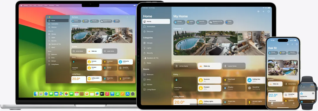 HomePod 配合 Apple 家居 app 控制智能家居裝置嘅官方示意圖