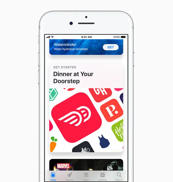 Apple 官方 App Store Today 介面示意圖,畫面顯示 iPhone 上嘅 app 推介頁