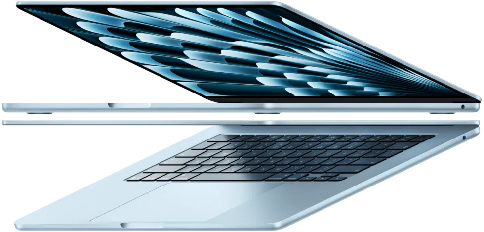 兩部天藍色 MacBook Air 打開擺成箭嘴形狀，展示纖薄機身