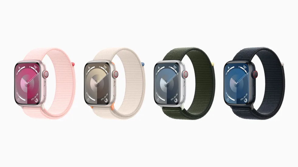 四款 Apple Watch Series 9 配 Sport Loop 錶帶嘅官方產品圖