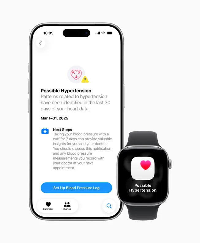iPhone 同 Apple Watch 顯示 Possible Hypertension 提示嘅官方示意圖
