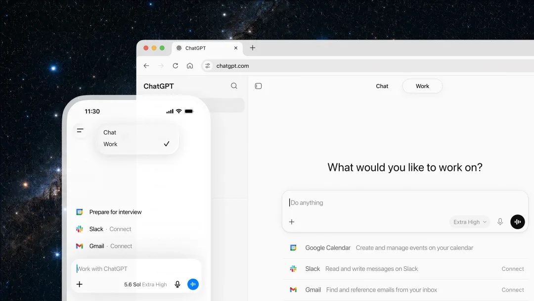 ChatGPT Work 喺桌面同手機介面,旁邊見到 Google Calendar、Slack 同 Gmail 整合