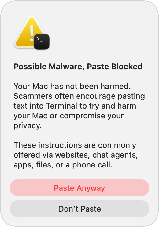 macOS Tahoe 喺 Terminal 顯示可能有惡意程式並阻止貼上嘅警告畫面