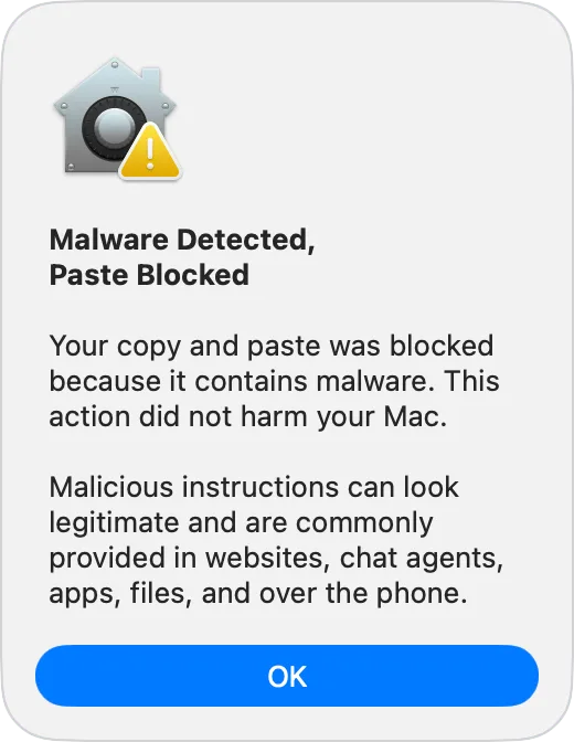 macOS 偵測到已知惡意 Terminal 指令並直接封鎖貼上嘅警告畫面