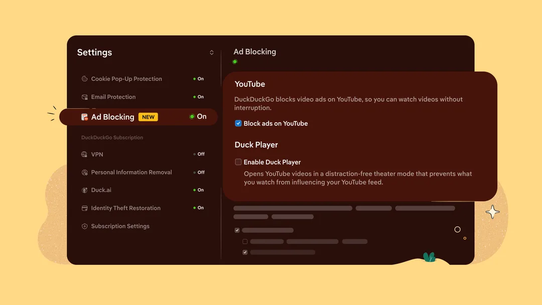 DuckDuckGo 設定入面嘅 YouTube Ad Blocking 同 Duck Player 開關示意圖