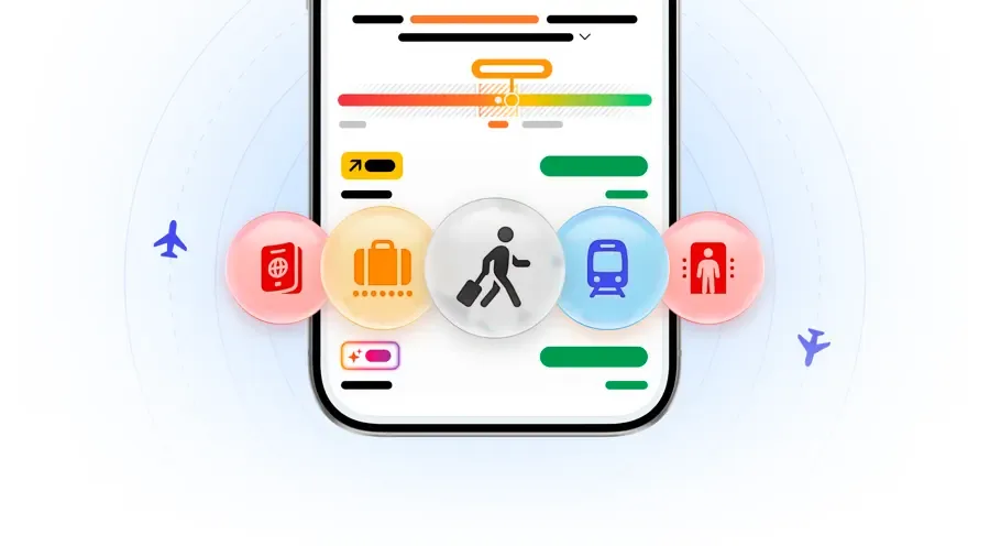 Flighty App Store 活動圖,畫面顯示手機上嘅轉機步驟同護照、行李、列車、入境圖示