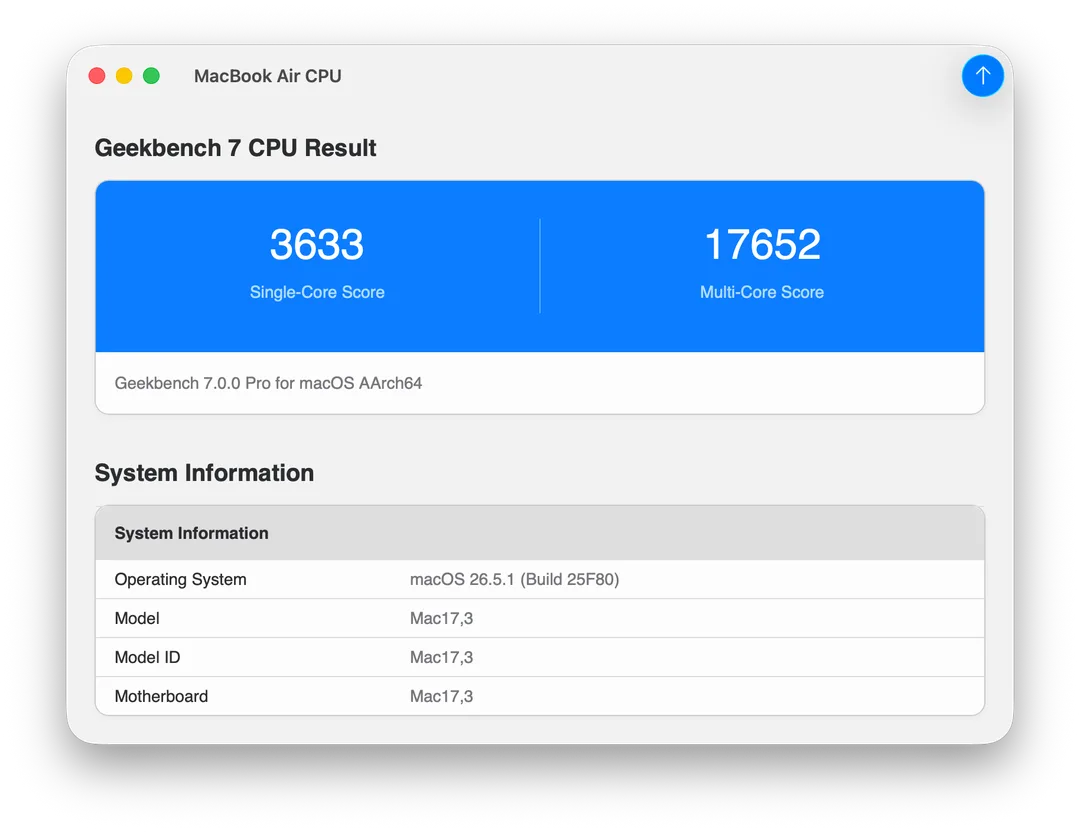 Geekbench 7 macOS 版顯示 CPU 跑分結果嘅畫面