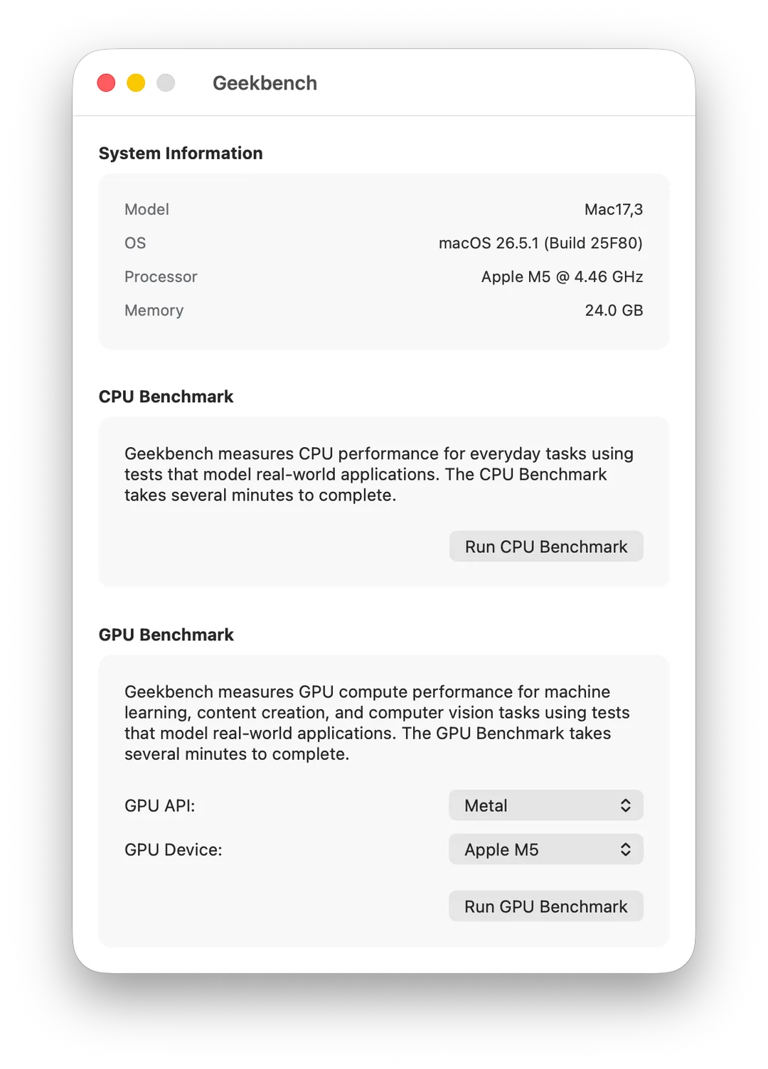 Geekbench 7 macOS 版主畫面同系統資料