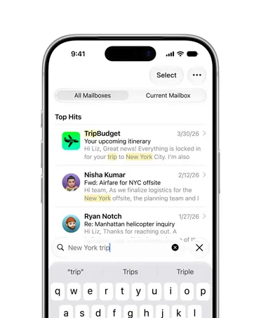iPhone 17 Pro 顯示 Mail 搜尋 New York trip 結果