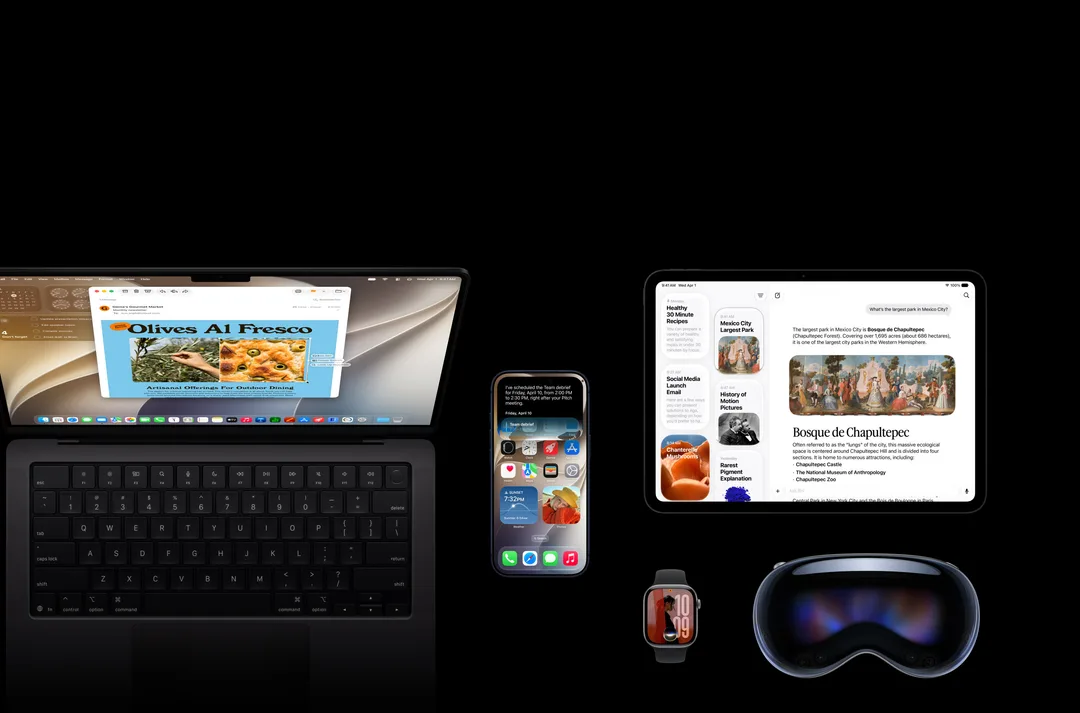 Apple OS 27 官方宣傳圖,Mac、iPhone、iPad、Apple Watch 同 Vision Pro 排列喺黑色背景