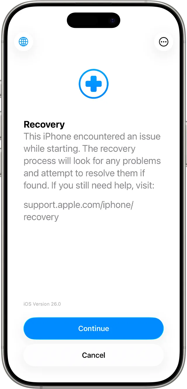 iPhone 顯示 Recovery Assistant，提示啟動期間遇到問題並可開始修復