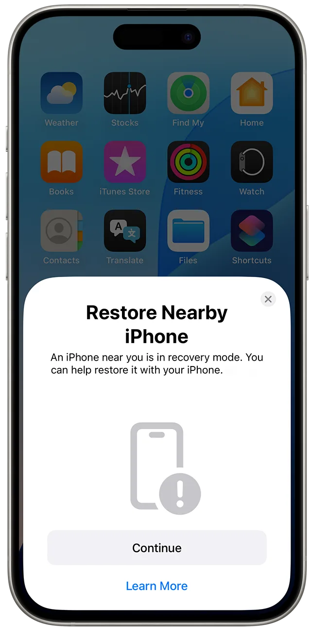 另一部 iPhone 彈出恢復附近 iPhone 嘅提示畫面