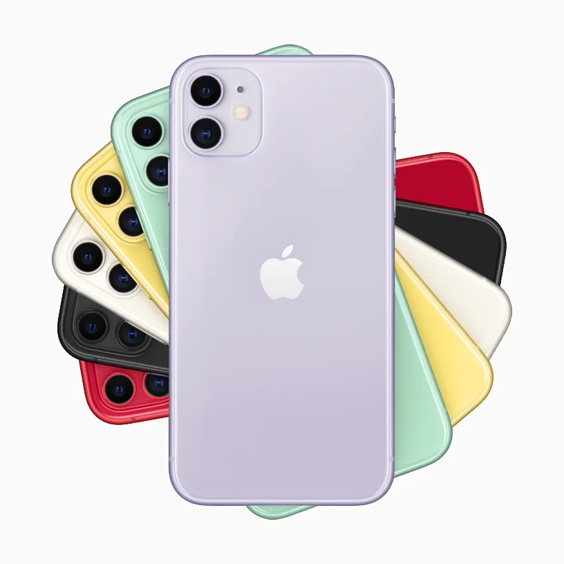 六款顏色嘅 iPhone 11 疊放展示
