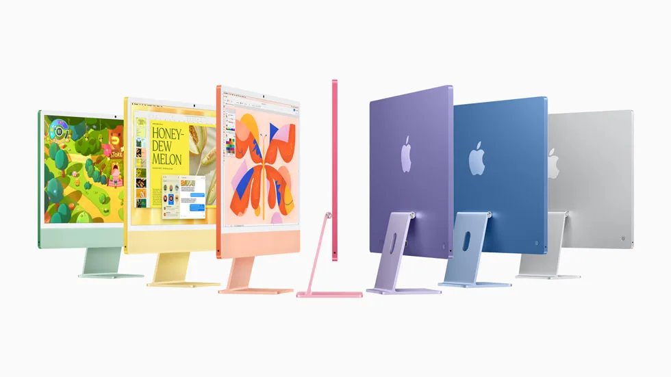 七款唔同顏色嘅 M4 iMac 並排展示正面同側面設計
