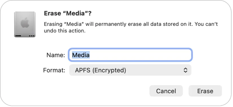 Apple Disk Utility 官方截圖，Erase 視窗揀咗 APFS (Encrypted) 格式。