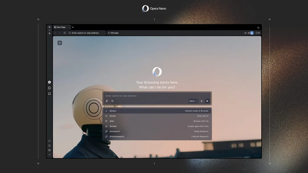 Opera Neon 瀏覽器介面顯示 Chat、Do、Make 同研究代理選項