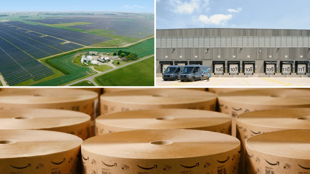 Amazon sustainability report 頁面嘅營運同能源主題拼圖