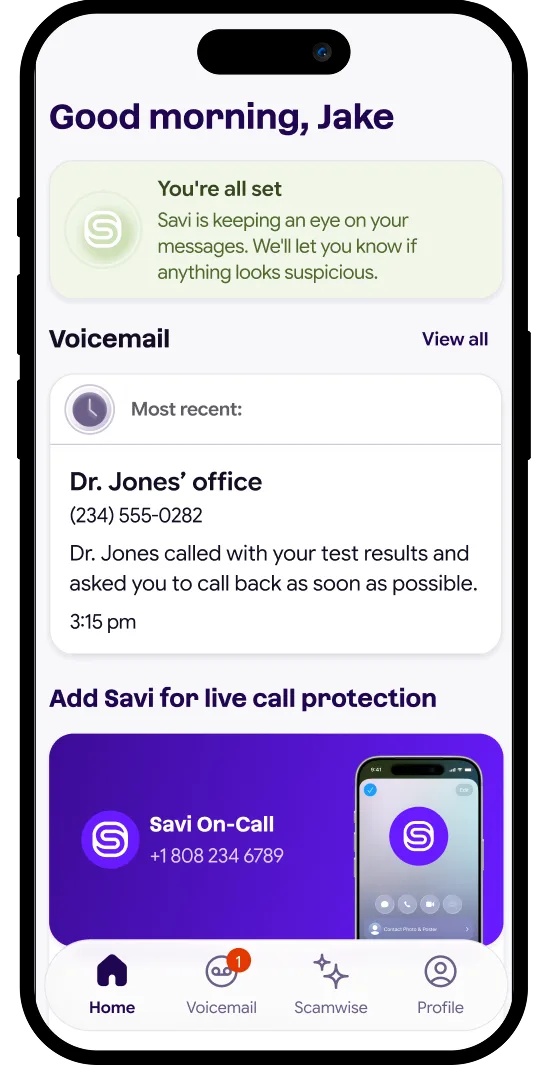 Savi 官方下載頁嘅 iPhone voicemail 介面示意,顯示來電同時間標籤。