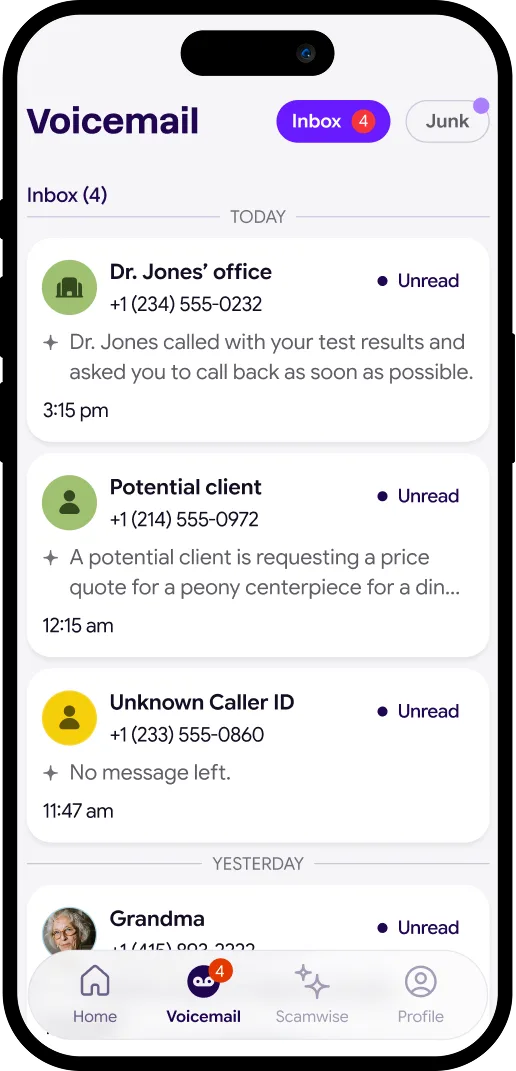 Savi 官方頁嘅 voicemail 功能截圖,展示未知來電點樣俾系統分類。