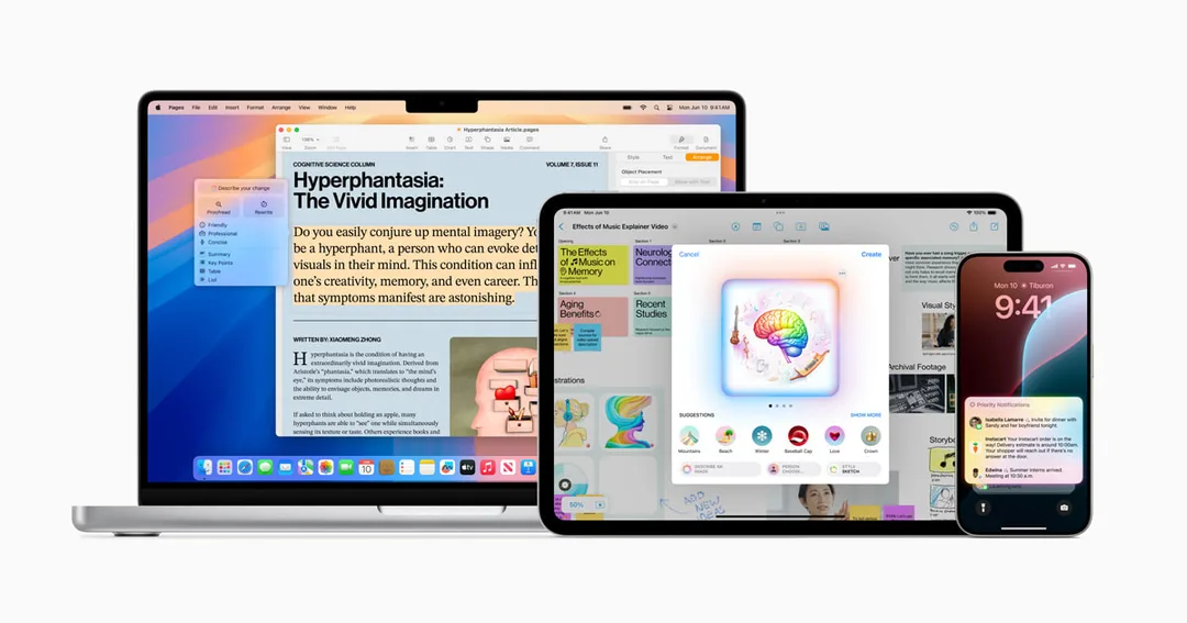 MacBook、iPad 同 iPhone 顯示多項 Apple Intelligence 功能畫面