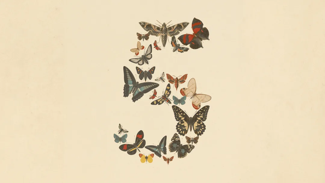 Anthropic 官方 Fable 5 / Mythos 5 文章入面,用蝴蝶砌成數字 5 嘅主視覺