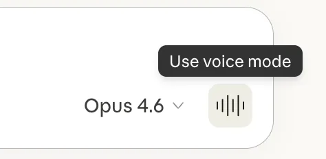 Claude 網頁版揀用 Opus 4.6，輸入框旁邊顯示 Voice Mode 按鈕