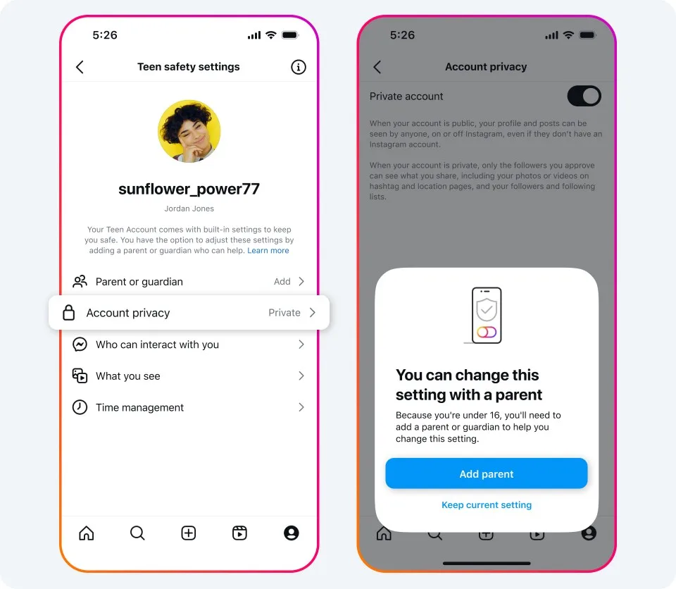 Instagram Teen Account 入面嘅青少年安全設定同私隱設定畫面