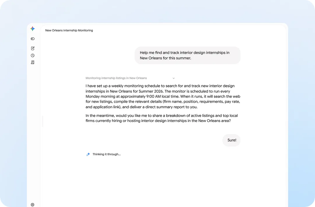 Gemini Spark 介面示範，畫面顯示佢幫用戶跟進實習資料