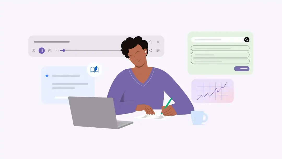 Google 官方 Gemini 學習功能插圖,畫面有用家用手提電腦閱讀同做筆記
