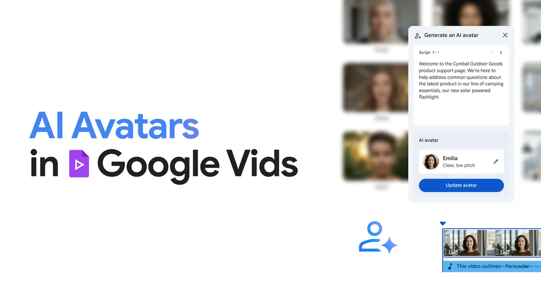 Google Vids 介面展示多款 AI avatar 主持人同影片編輯畫面