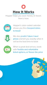 Hopper Google Play 產品頁入面介紹價錢日曆、價格提醒同彈性安排嘅截圖