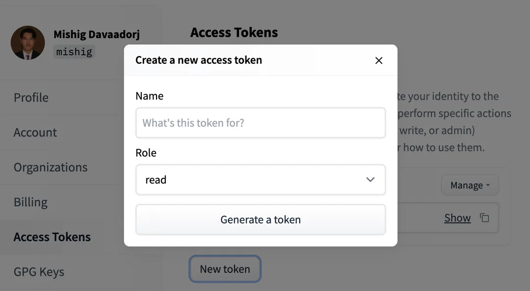 Hugging Face 建立新 access token 嘅設定畫面