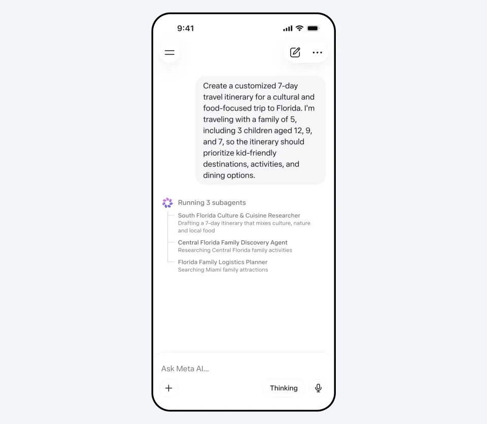 Meta AI app 入面顯示多個 subagents 同時處理旅程規劃嘅介面