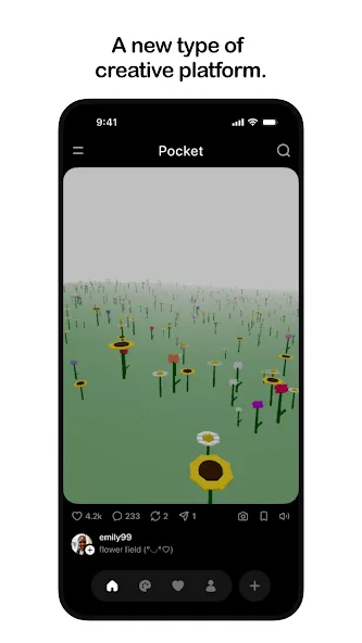 Pocket 官方截圖,手機畫面入面有一個用花同草組成嘅互動場景