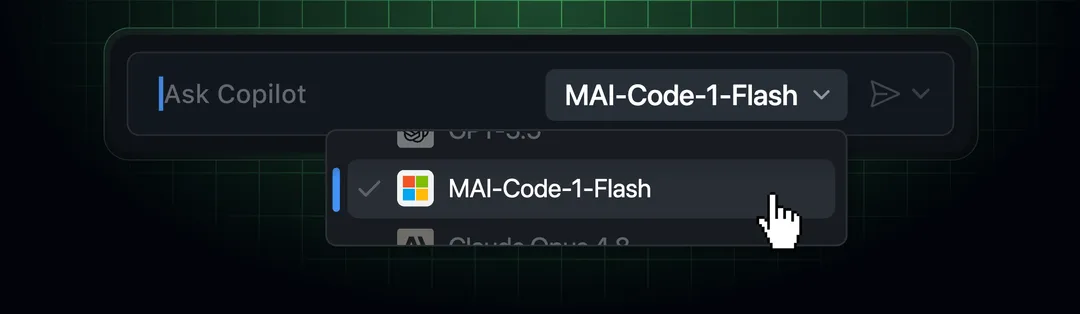 GitHub Copilot model picker 顯示 MAI-Code-1-Flash 可供選擇