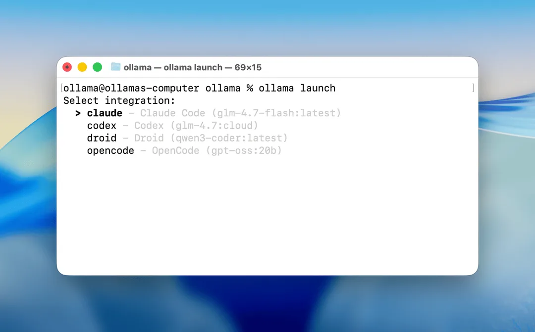 Ollama launch 喺 terminal 入面揀 Claude Code、Codex、OpenCode 等工具嘅畫面
