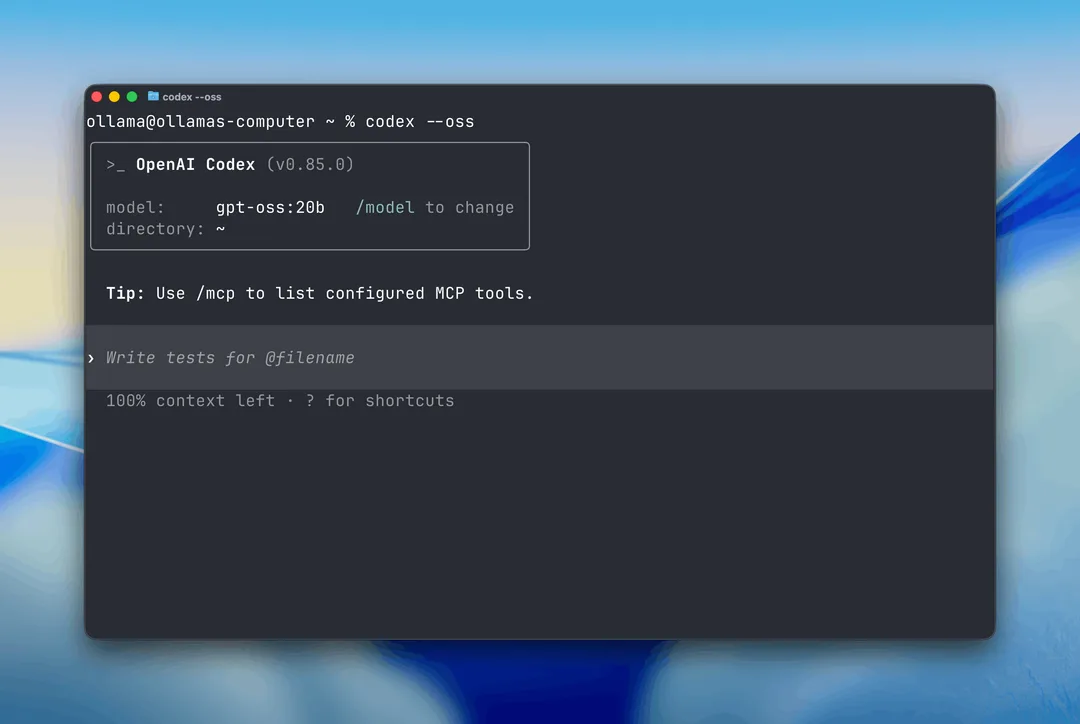 Codex CLI 用 Ollama 本機模型運行嘅 terminal 截圖