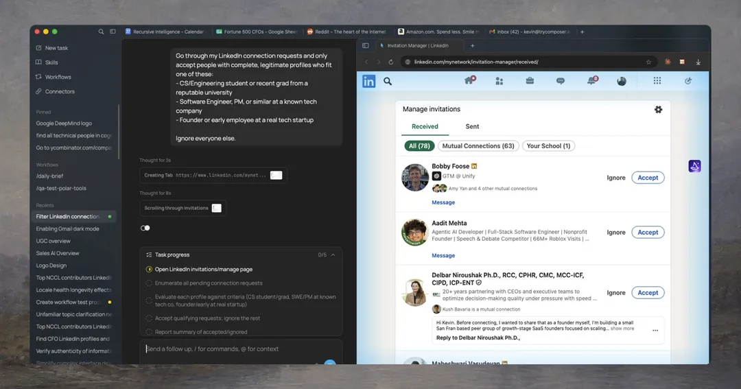 Polar browser 左邊顯示 AI 任務進度，右邊操作已登入嘅 LinkedIn 邀請頁面