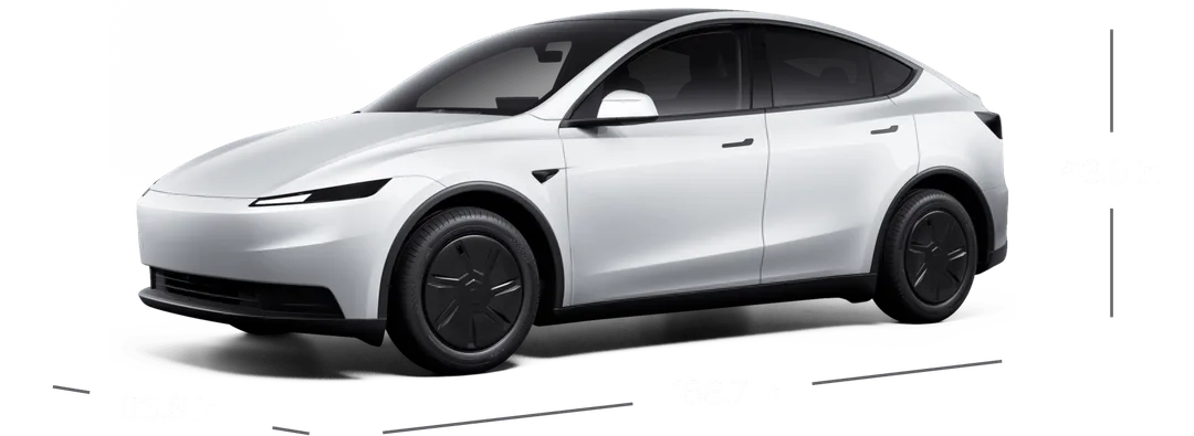 白色 Tesla Model Y Standard 側面產品圖,旁邊標示車身尺寸