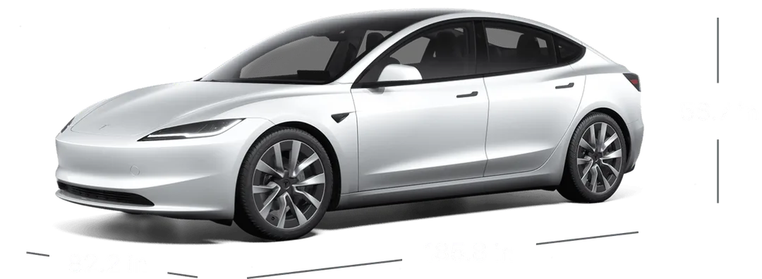 白色 Tesla Model 3 側面產品圖,旁邊標示車身尺寸