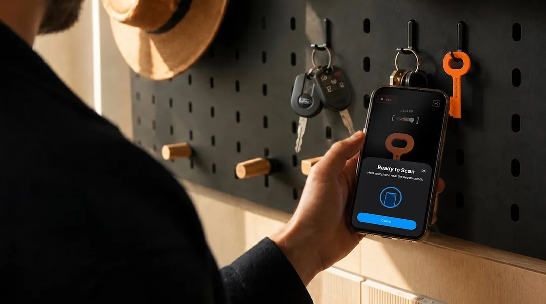 Autonomous Key 放喺手機旁邊，示範用 NFC 掃描解鎖 app