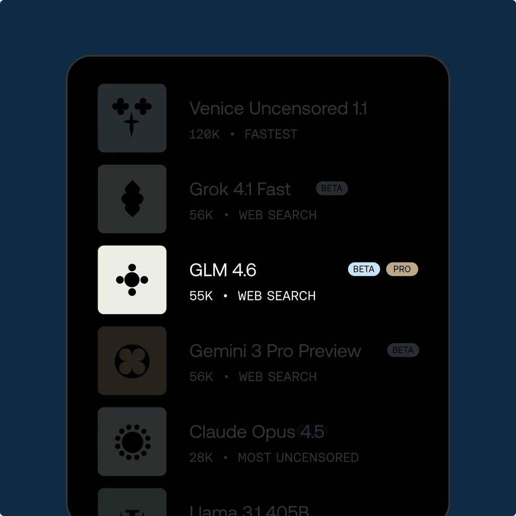 Venice AI 模型選擇畫面,列出多個文字模型同 web search 標籤