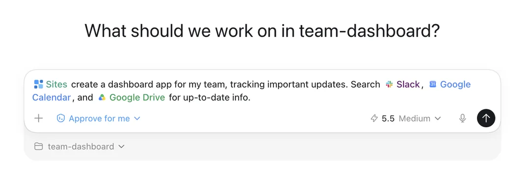 OpenAI Codex Sites 介面截圖,prompt 入面叫 Sites 建立 team dashboard