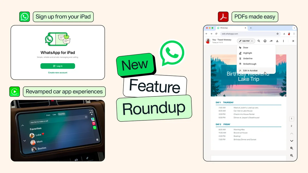WhatsApp 展示車機、iPad 同電腦版新功能嘅官方合成圖